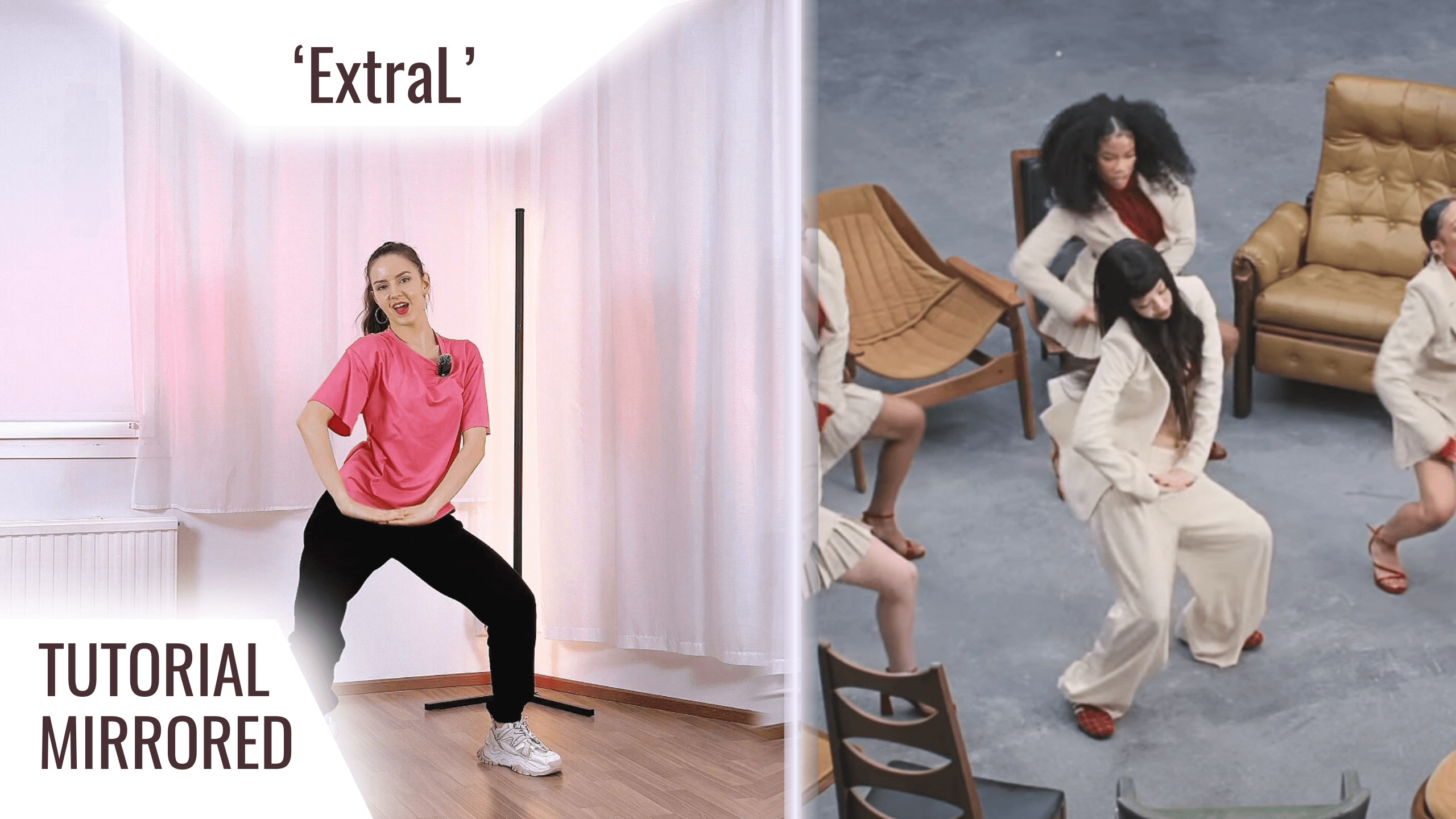 A split-screen preview of the K-pop dance tutorial for 'ExtraL' by JENNIE and Doechii. Left side shows mirrored practice mode; right side features original choreography. Available as an individual lesson with lifetime access via MOVERINA Studio.