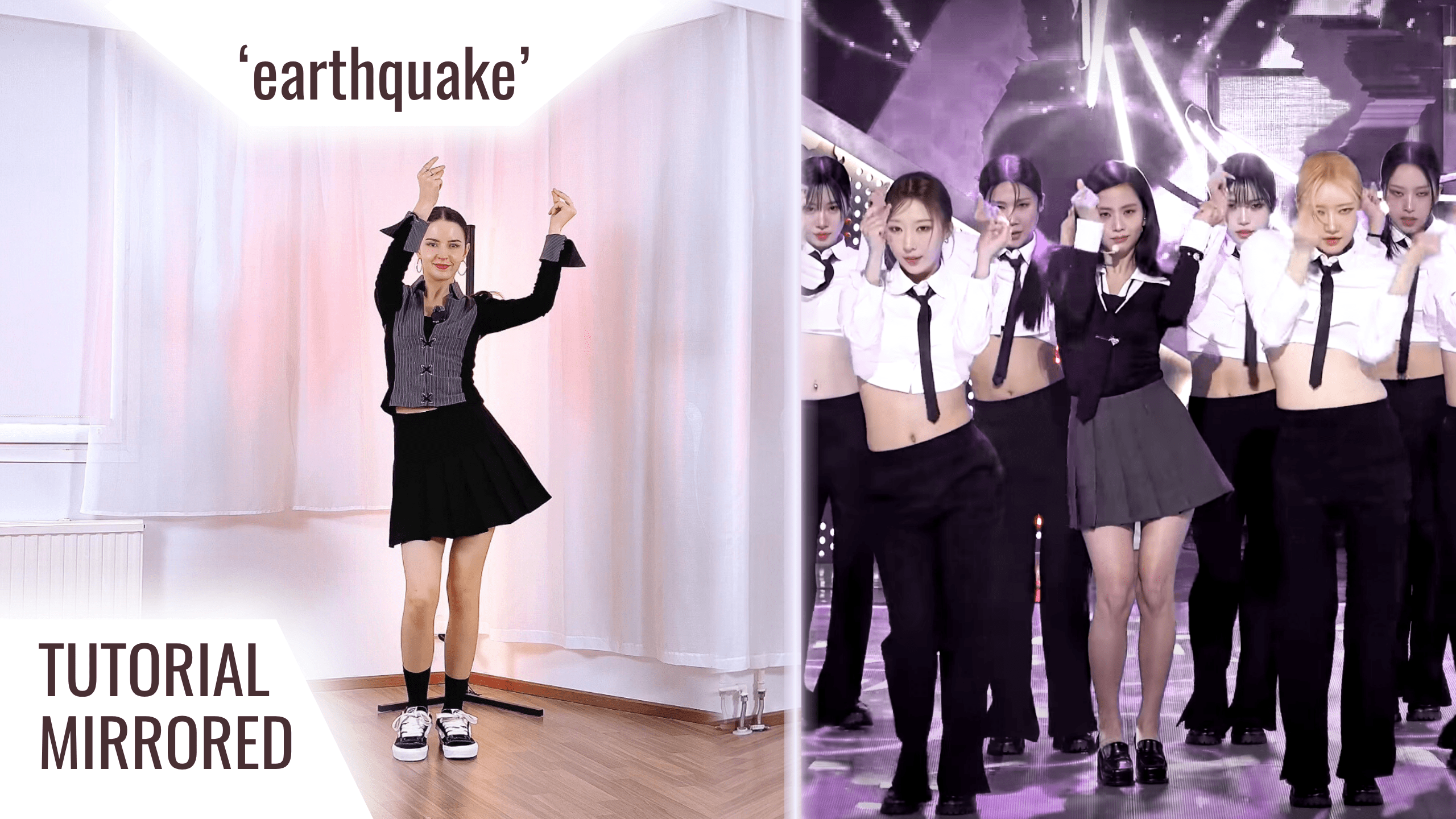 JISOO ‘Earthquake’ K-pop dance tutorial mirrored – instructor demonstrating the choreography in a black school-uniform outfit alongside JISOO’s live stage performance with backup dancers.