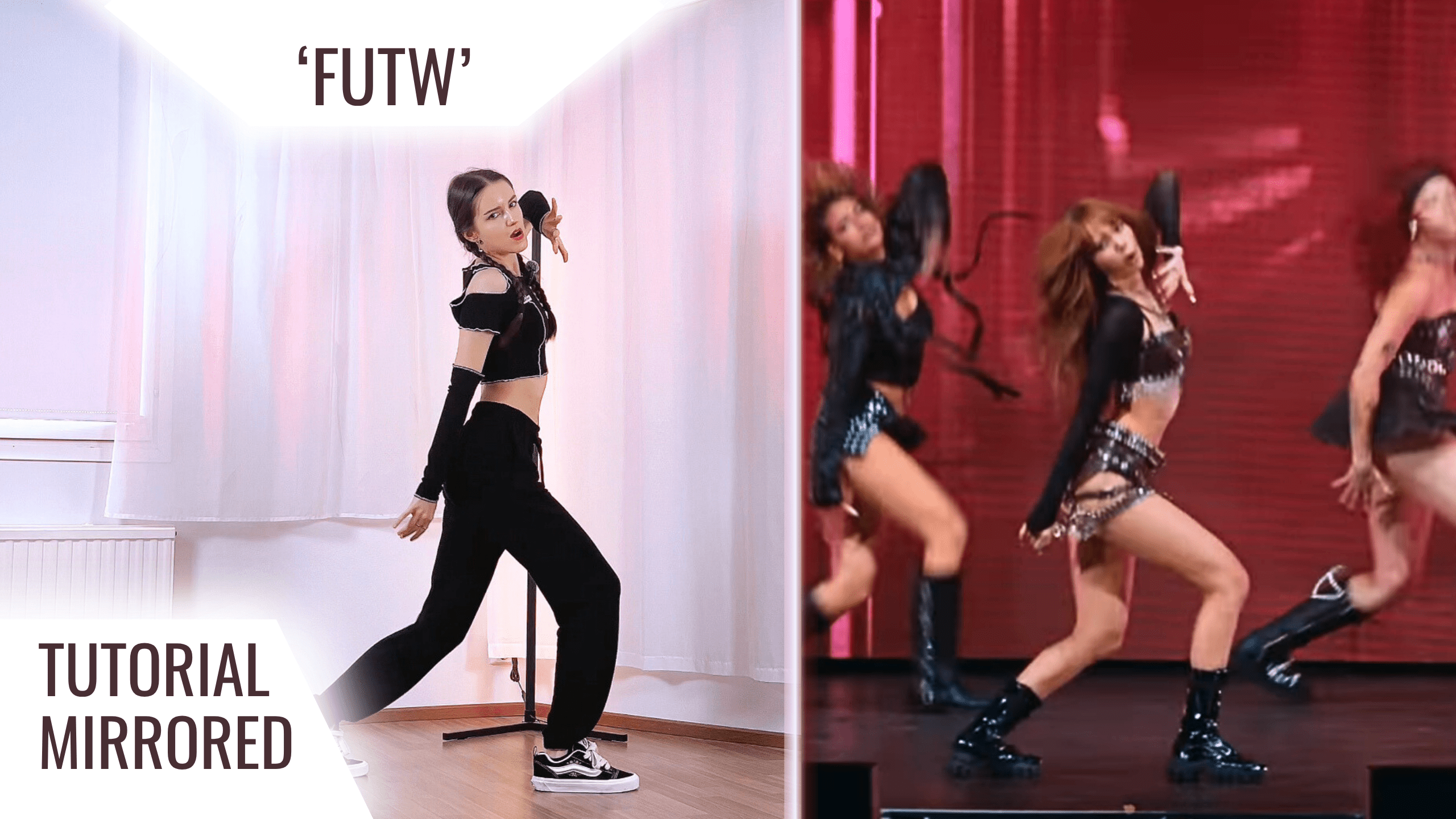 Side-by-side images showing K-pop dance tutorial for LISA’s ‘FUTW’ — on the left, an instructor in a mirrored home studio wearing black dancewear, and on the right, LISA performing on stage in a black and silver outfit with backup dancers.