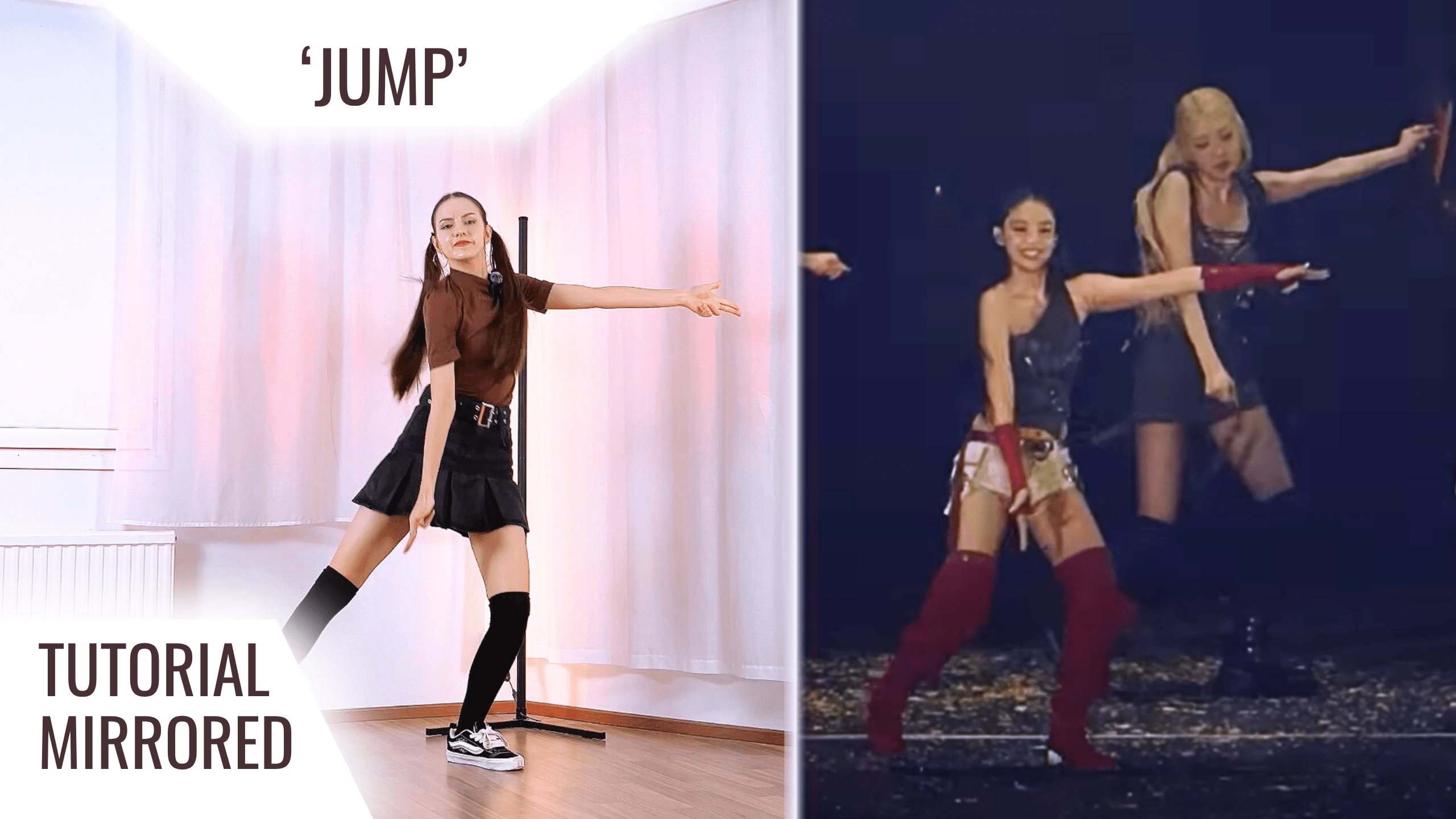 Side-by-side image showing a K-pop dance tutorial for BLACKPINK’s ‘JUMP’ — on the left, an instructor in a mirrored home studio wearing a stylish black and red outfit mid-move, and on the right, JENNIE and ROSÉ performing the same choreography live on stage with bold energy and confidence.