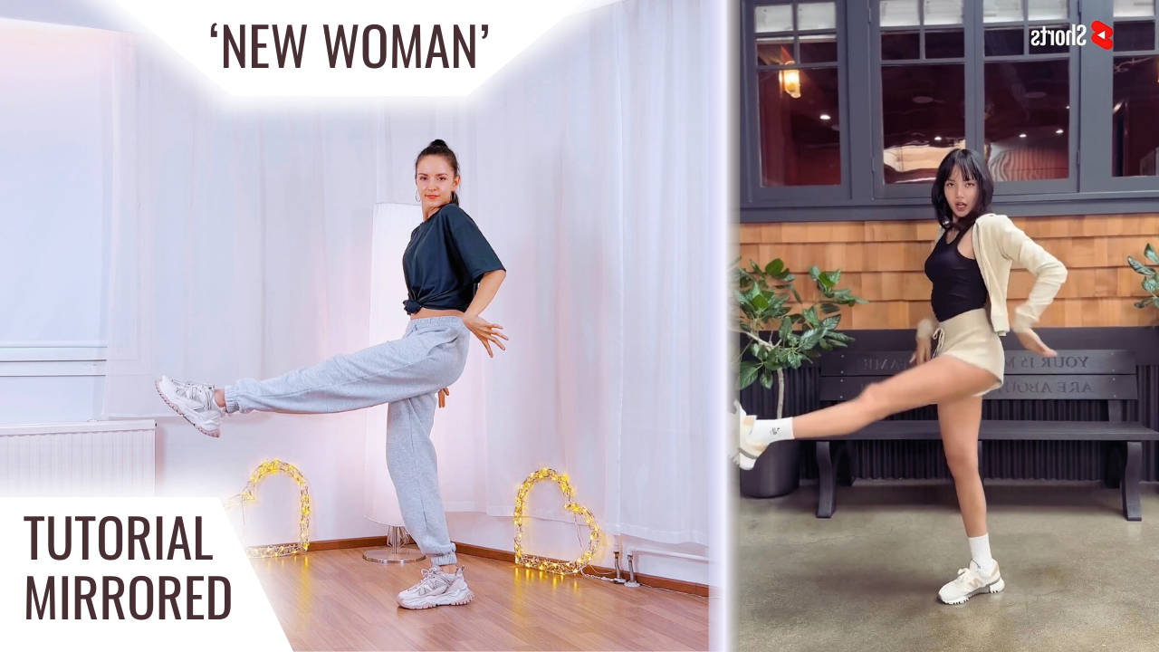 Side-by-side images of a mirrored dance tutorial for ‘New Woman’ by LISA (feat. Rosalía). Left: instructor in a home studio mid-kick wearing a navy top and gray sweatpants. Right: LISA in the original performance wearing a cream cardigan, black top, and beige shorts, striking the same move.